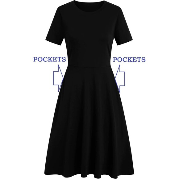 Women's Black Solid Elegant Knee Length Vintage A-Line Swing Dress with Pockets - Picture 3 of 5